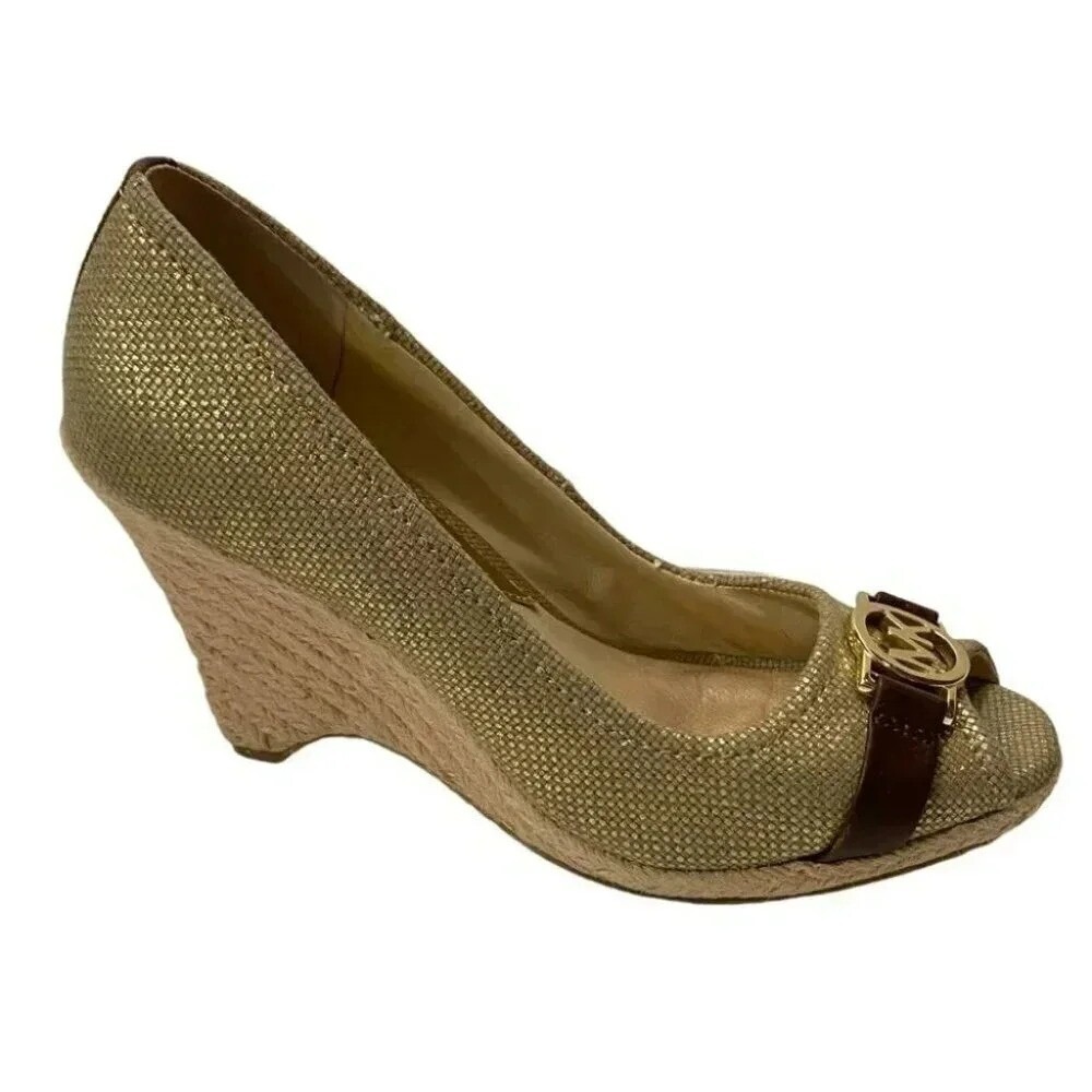 Michael Kors Gold Canvas Espadrille Wedge Peep Toe Shoes Women's 8.5